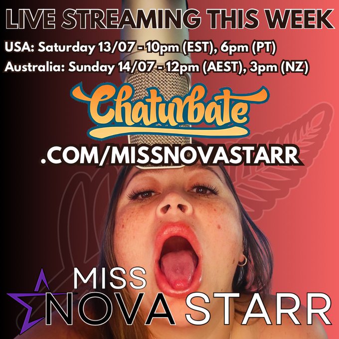 🌟 LIVE STREAMING THIS WEEK 🌟  Catch Miss Nova Starr LIVE on Chaturbate! 🗓️ USA: Saturday 13/07 at 10pm<a href="/tag/liveshow"class="tags"><span>#liveshow</span></a><a href="/tag/chaturbate"class="tags"><span>#chaturbate</span></a><a href="/tag/livestreaming"class="tags"><span>#livestreaming</span></a><a href="/tag/adultcontent"class="tags"><span>#adultcontent</span></a>