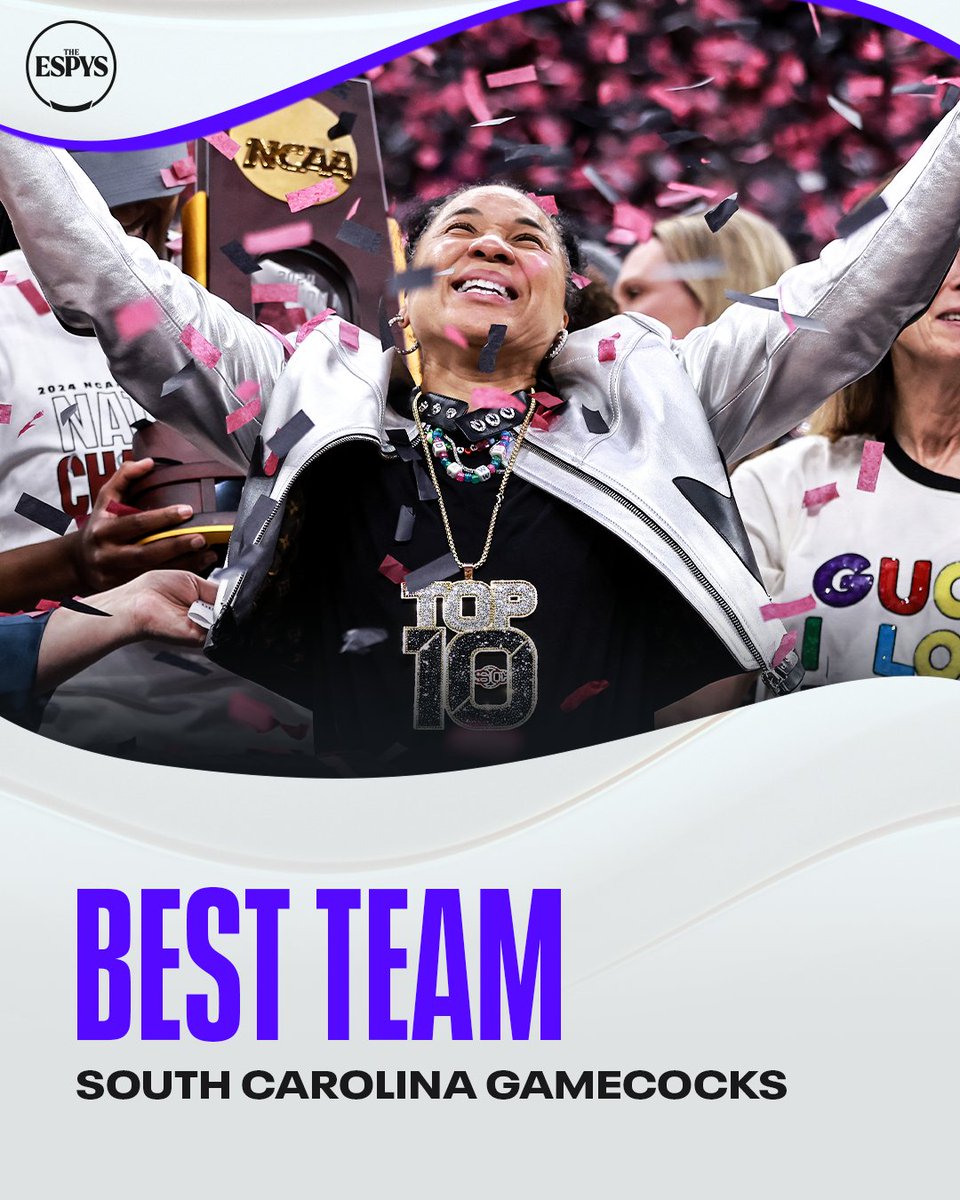 espnW's tweet photo. UNDEFEATED‼️

The ESPY for Best Team goes to the 2024 NCAA women's basketball champions, the South Carolina Gamecocks 👏 https://t.co/9PVkY3CgD1