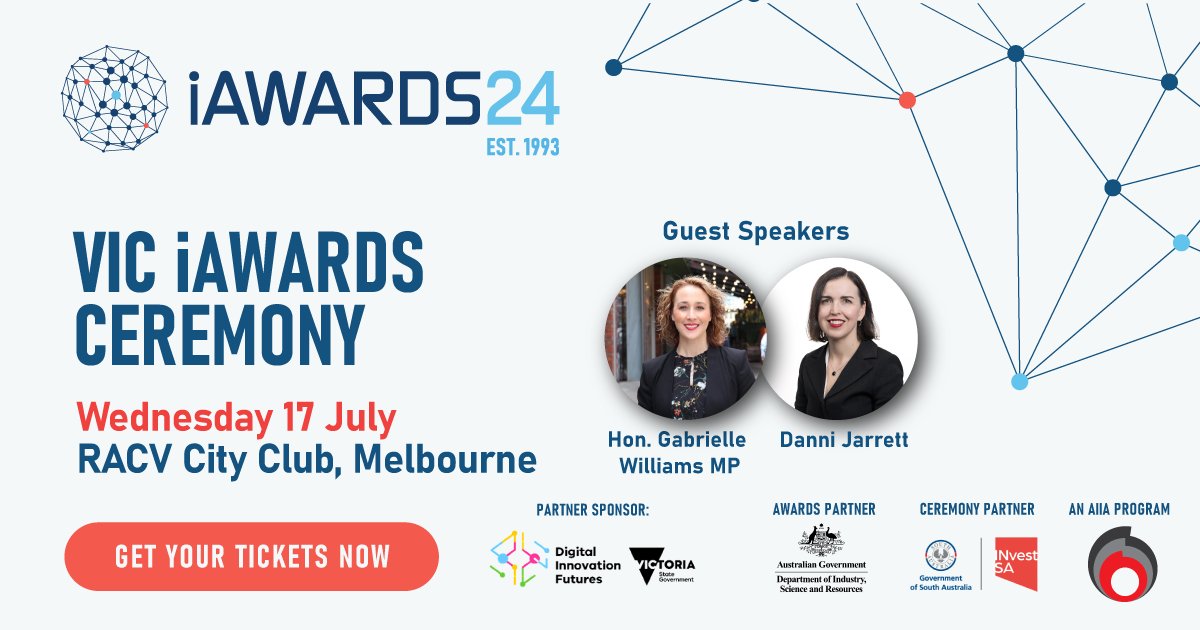 Last chance to get tickets to the Victorian State iAwards Ceremony and a keynote address from The Hon. Gabrielle Williams MP.  You will also hear from Danni Jarrett,  CEO Invest Victoria &amp; Global Victoria.

Tickets:
aiia.com.au/event/2024-vic…

#AIIA #iAwards