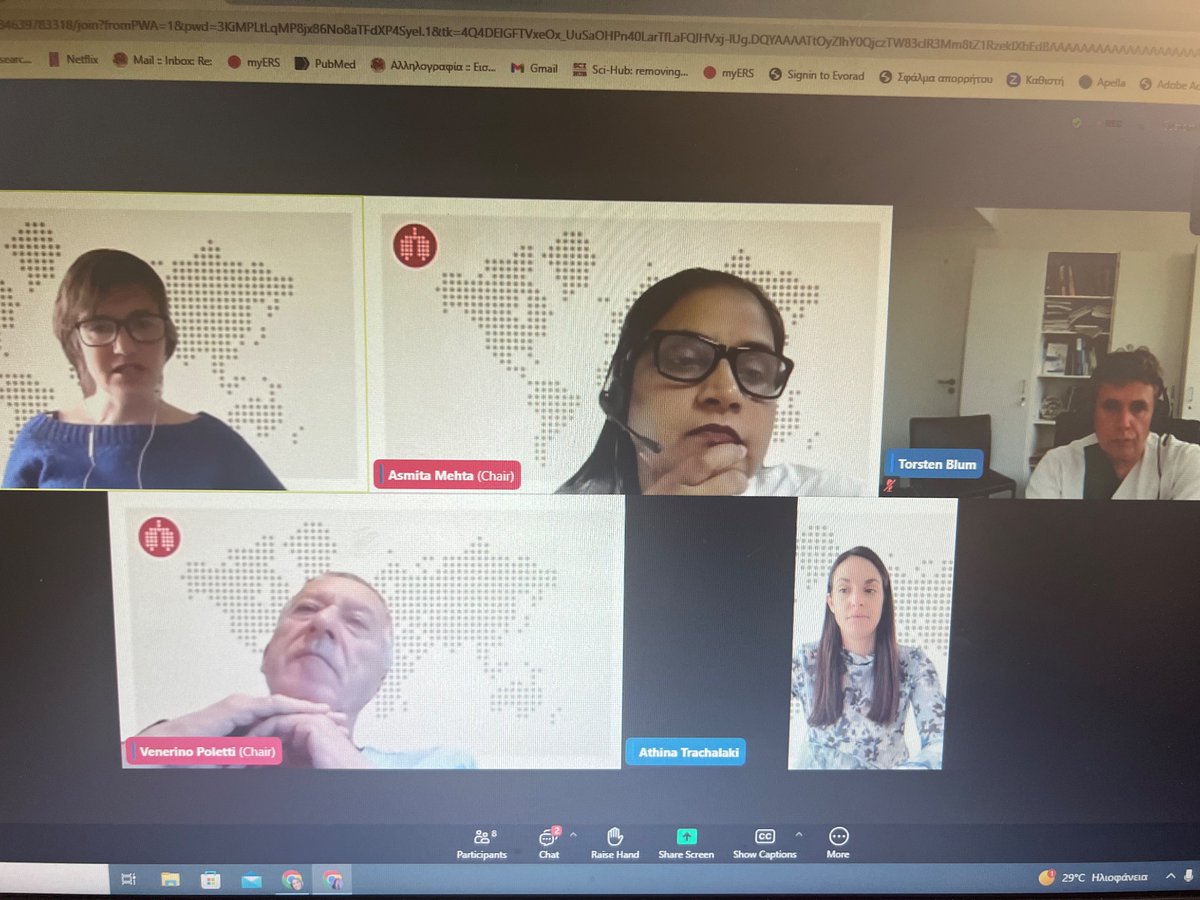 Great Webinars are coming!
Athina Trachalaki on the floor discussing her research data about IPF and climate DISEASE!
Great chairing by Venerino Poletti and Asmita Mehta from India!
Great talks by @ Francesca Polverino and @ Lucilla Piccari !!!
🙏🏻🤞🤞🔝💕