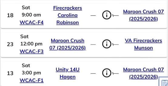 This weekend <a href="/marooncrush07/">MaroonCrush07 (25/26)</a> is playing in Raleigh NC, this weekend at the Tier One tournament. Here is the schedule for Saturday!!
<a href="/MasonSoftball/">George Mason Softball</a> <a href="/Bh2osoftball/">Bridgewater Softball</a> <a href="/ecu__softball/">East Carolina Softball</a> <a href="/RoanokeSoftball/">RoanokeSoftball</a> <a href="/LibertySB/">Liberty Softball</a>