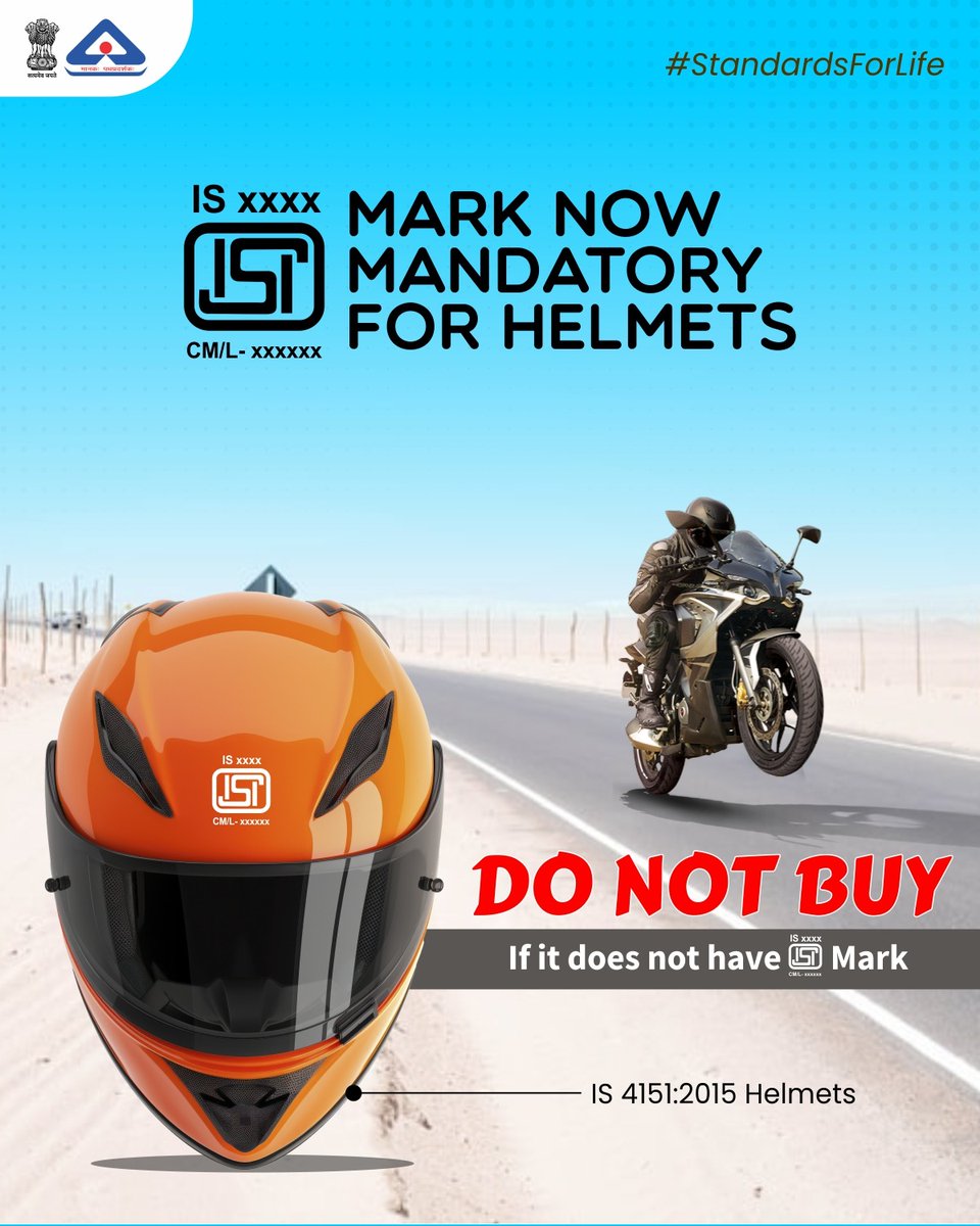 IndianStandards's tweet image. Don’t risk your life!
Make sure your helmet meets #SafetyStandards. Always verify the ISI Mark in the BIS Care App. 
Download Now: bit.ly/3RYU63x

@jagograhakjago #StandardsForLife #IndianRiders  #Consumersafety #ISIMark #India #BISCareApp