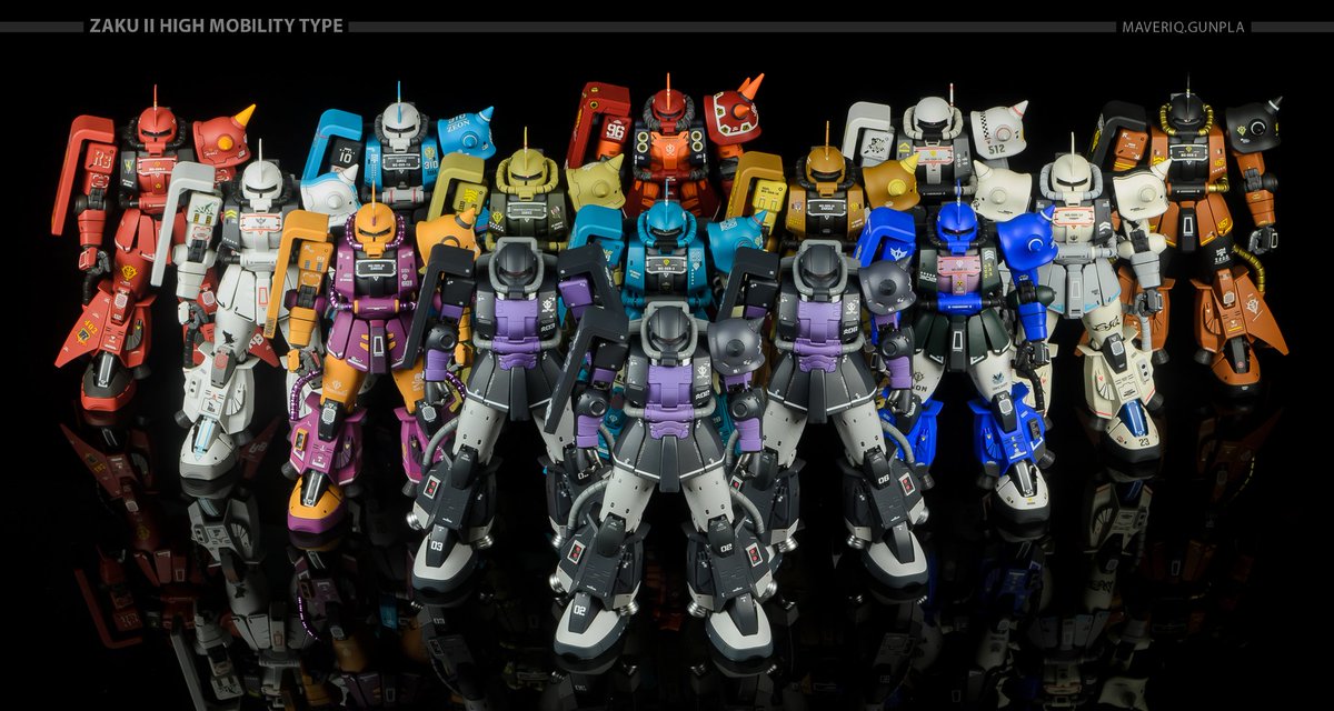 MaveriqGunpla's tweet photo. ZAKU II HIGH MOBILITY TYPE ACES UNIT
A complete set of 1/100 Zaku II HMT for the ace pilots, after 6 years of collecting. Now we wait for the official GFFMC Char Aznable R1A.
#bandai #mobilesuit
#gunpla #mastergrade #gffmc
#ms06r #ms06r1 #ms06r1a #ms06r2
#zakuiihighmobilitytype https://t.co/JyJmG4cUvs
