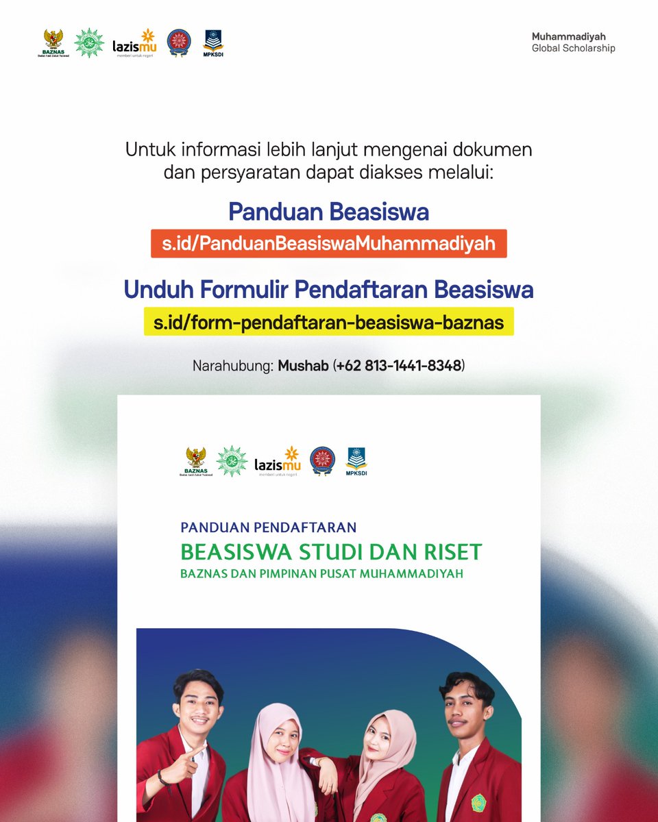 ScholarshipMu's tweet photo. Untuk informasi lebih lanjut mengenai dokumen &amp;persyaratan dapat diakses melalui:

1️⃣ Panduan Beasiswa
https://t.co/7a3mPMFRJy

2️⃣ Formulir Pendaftaran Beasiswa
https://t.co/bM0s9Mqz2j

⏳ Timeline
Pendaftaran dibuka pada 1 - 21 Juli 2024

Narahubung: Mushab (+62 813-1441-8348) https://t.co/JwLyCTIzac