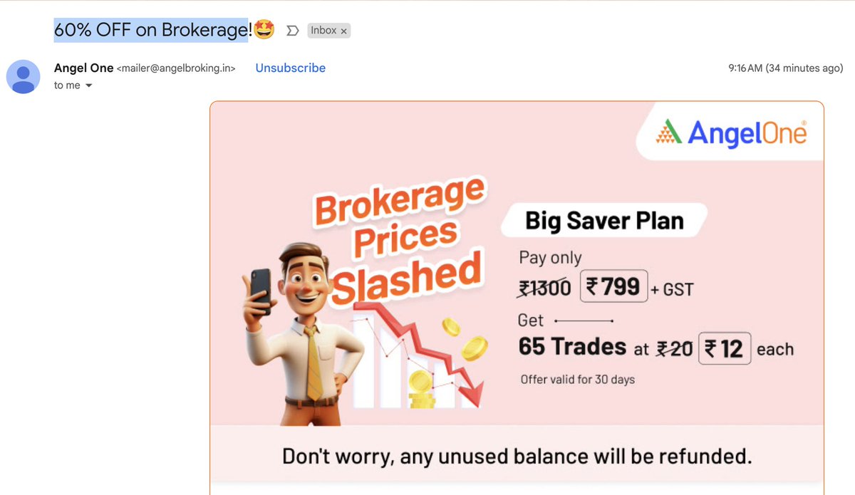 Old price 1300/-, new price 799/- (best case), savings of 60%, what a maths 👏👏🤡🤡 <a href="/AngelOne/">Angel One</a> #nse #bseindia