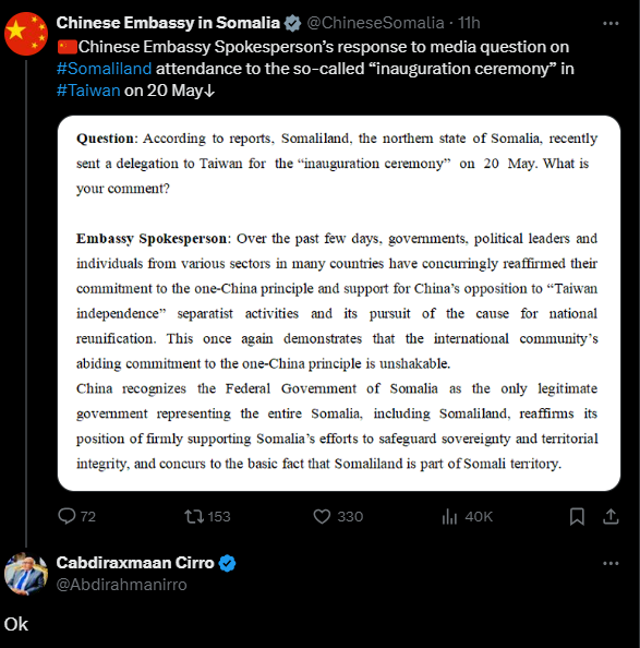 GuledWiliq's tweet photo. Breaking News: According to credible sources within the diplomatic community in Somalia, it has been confirmed that the Chinese government, through their embassy in Mogadishu, transferred a significant amount of $5 million to the Wadani party leaders in June for the upcoming elections in November 2024 in Somaliland. It is widely known that the Wadan Party holds anti-Taiwan sentiments and strongly supports China, which makes this financial intervention even more concerning.  However, there is more to this story. Our sources indicate that the Chinese government has also provided substantial funding of $5 million to the Laascaanood militia, enabling them to acquire new weaponry from the Houthi rebels through their allies in Puntland. Adding to the complexity, the new leader of Laascaanood militia was recently invited by the President of Djibouti, who has initiated a proxy war against Somaliland. The Awdal militia, already financed and armed by Djibouti, is expected to receive even more weapons and financial aid from the country.

Key Intel: 
• The Chinese embassy in Mogadishu has effectively laundered the $10 million through various local NGOs in Somalia and Somaliland to Irro and Laascanood militia.
 • The Chinese government has informed President Hassan Sheikh about their involvement in the upcoming elections and have received approval to support the opposition leader in Somaliland, Abdirahman Irro, who strongly advocates for the unity of Somalia and China.
• Initially, the Laascaanood militia had requested weapons from China but were denied and instead offered a substantial sum of $5 million in cash, along with promised food aid. 
• Chinese companies have secured agreements with the Laascaanood militia to mine rare earth minerals in the Sool and Sanaag regions. 

Key Judgement: 
This treacherous act has left many questions unanswered. Are there any laws in Somaliland that prohibit domestic or foreign financing of political parties? And what consequences will China face for their blatant interference in the election process through money laundering? The lack of election financing regulations in Somaliland only invites corruption and outside interference, threatening the very essence of democracy in Somaliland.  The stakes are high in the upcoming election, with a dangerous game of proxy wars being funded by Somalia, Djibouti, and now China. The violence and chaos that is sure to follow before and after the election is a grave concern. It is crucial to see how Taiwan, a strong ally of Somaliland, will react and protect their democratic process, which is at serious risk. With the US election also happening during this time, and the fact that Moly Phee is still pushing for a Greater Somalia agenda, the inaction of the US government is both disappointing and inevitable.