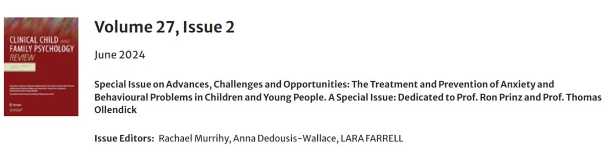 Honored to co-edit Clinical Child and Family Psychology Review’s special edition with Dr. Rachael Murrihy &amp; Prof. Lara Farrell, dedicated to Profs. Tom Ollendick &amp; Ron Prinz. Thrilled to join the editorial board &amp; grateful to all authors who made this issue outstanding!