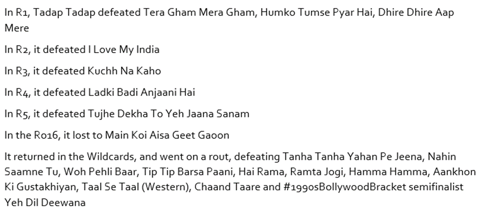 MrNarci's tweet photo. Tadap Tadap’s journey to the Grand Final of the #1990sBollywoodBracket https://t.co/xU2YJz51bB
