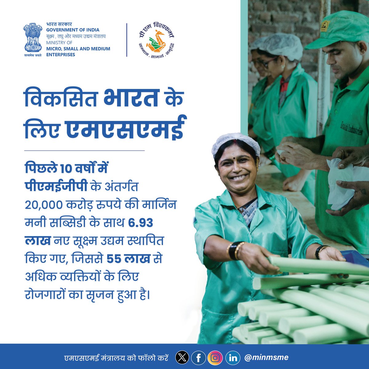 minmsme's tweet photo. पिछले 10 वर्षों में पीएमईजीपी के अंतर्गत 20,000 करोड़ रुपये की मार्जिन मनी सब्सिडी के साथ 6.93 लाख नए सूक्ष्म उद्यम स्थापित किए गए, जिससे 55 लाख से अधिक व्यक्तियों के लिए रोजगारों का सृजन हुआ है। #MSME #MSMEs #entrepreneurs #scsthub #KVIC #COIR #khadi #PMEGP https://t.co/v39MXubpsn