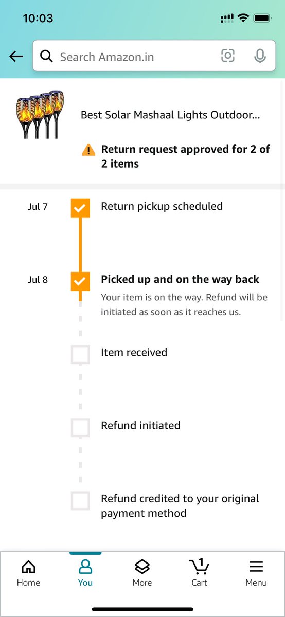 ronret45's tweet photo. @amazonIN my return order was picked up on Monday and till today it is showing picked up and one the way, can I know till when this will show the same status and when I am going to get my refund? https://t.co/Ddco9SOJMa
