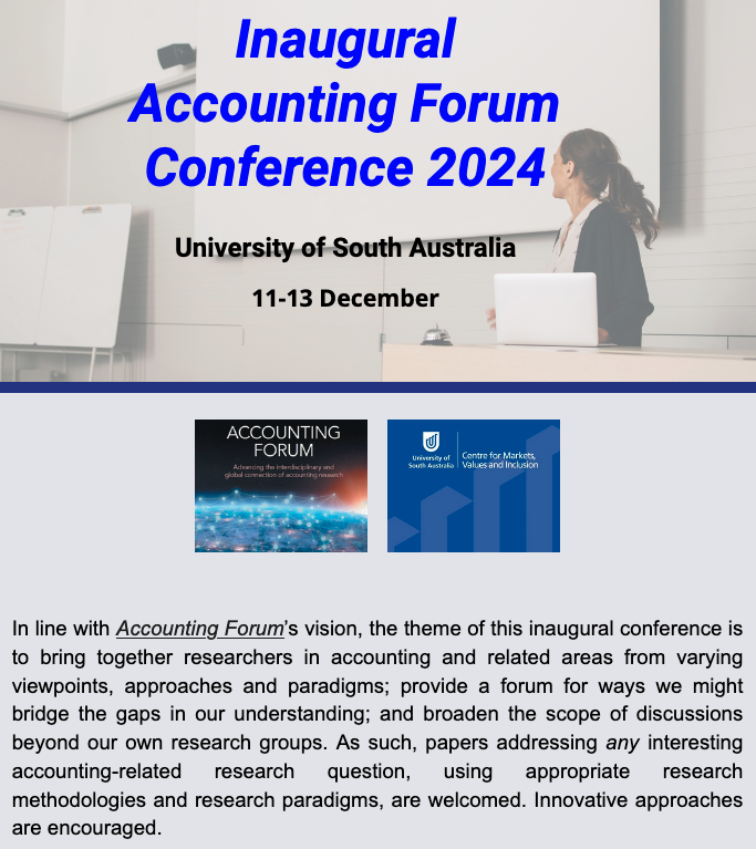📢 Inaugural Accounting Forum Conference 2024 📢 
<a href="/UniversitySA/">UniSA</a> 
11-13 December
Submission system opens 15 July!
Paper submission deadline 15 August!!
sites.google.com/view/accforumc…