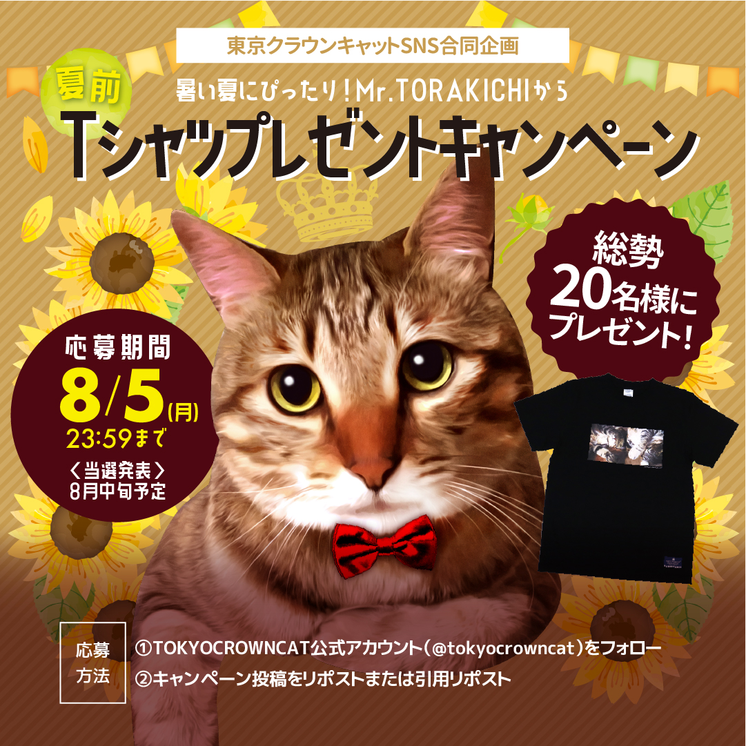 tokyocrowncat's tweet photo. 暑い夏にぴったり☀Mr.TORAKICHIから
Tシャツプレゼントキャンペーン！
  
抽選で総勢20名様にTシャツが当たる👕🌟
  
■応募方法  
① @tokyocrowncatをフォロー  
②この投稿をリポストまたは引用リポスト

〆切8/5(月)23:59まで🐾
応募規約は次の投稿をチェック☑

#キャンペーン開催中 https://t.co/Ya0kUKqQdi