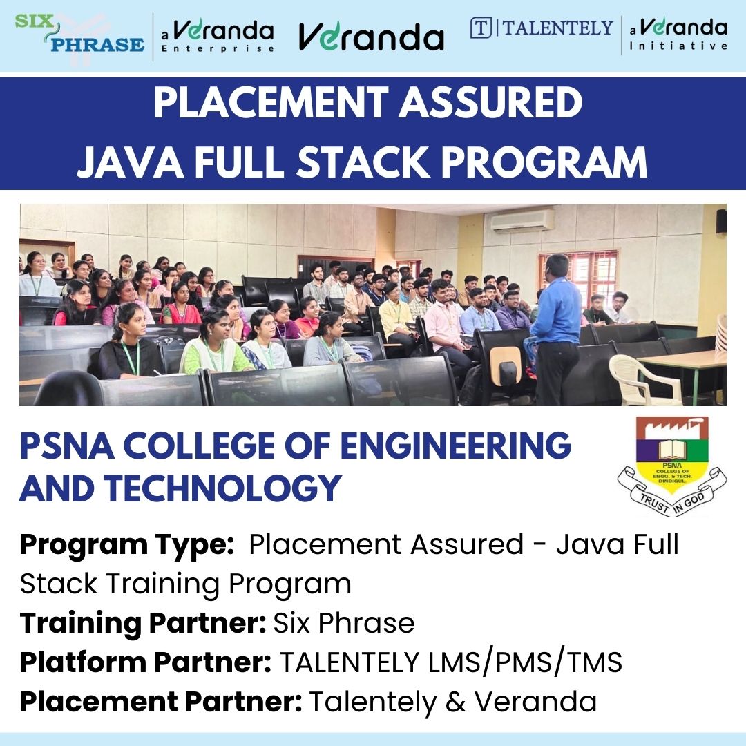 sixphrase's tweet image. 📢 Partnership Announcement!
🔹 Program Type: Placement Assured - Java Full Stack Training Program
🔸 Training Partner: Six Phrase
🌐 Platform Partner: TALENTELY LMS/PMS/TMS
🤝 Placement Partners: Talentely &amp; Veranda
#JavaFullStack #PlacementAssured #PSNA #SixPhrase #Talentely