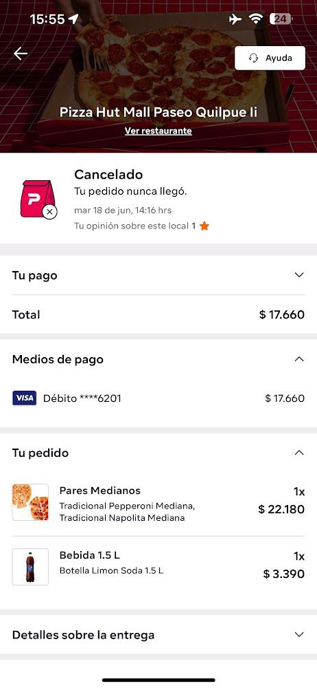 schiappacaseba's tweet photo. @pedidosya #chile totalmente estafado!! 
No hacen reembolso de un pedido cancelado por ellos. Todas las soluciones las hace una IA con mensajes de optimismo que quieren mejorar. 
Me descontaron $17.660 y aún sin solución. https://t.co/iQjXB8wAVr