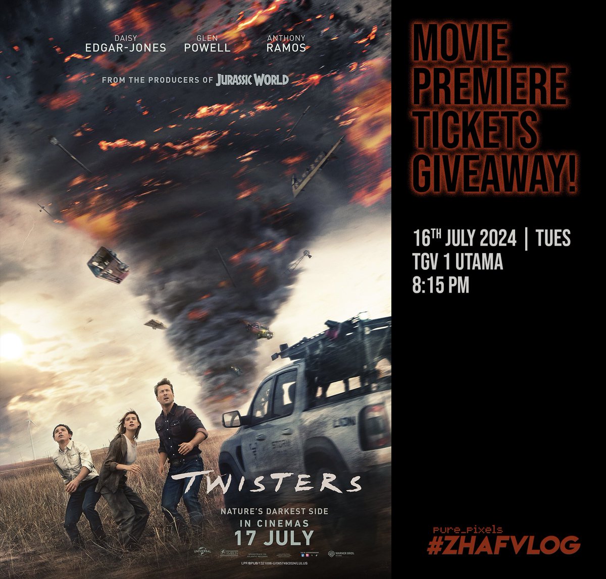 purestpixels's tweet photo. TWISTERS - Exclusive Premiere Screening Tickets Giveaway!

https://t.co/42vv3yP3PZ

#ZHAFVLOG #MulutPuakaGiveaway #MulutPuakaPremiere #TwistersMovie https://t.co/V5xMEijlbQ