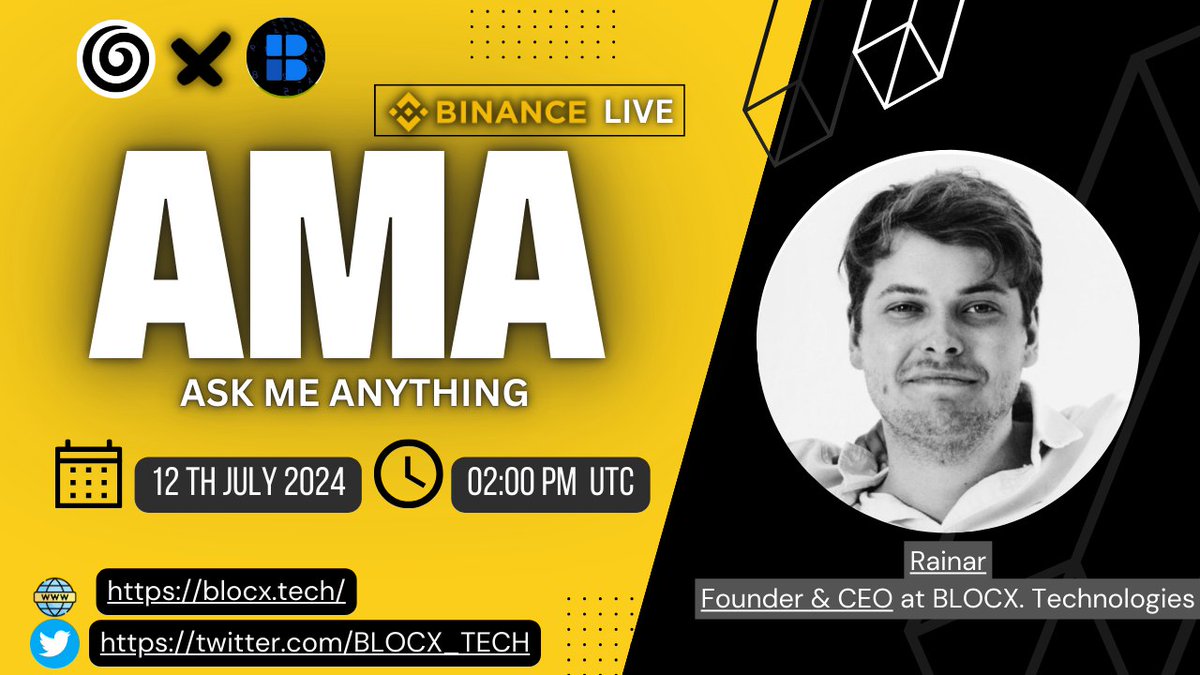 📣 We’re excited to announce that we’ll be hosting Binance Live AMA with <a href="/BLOCX_TECH/">BLOCX. (Official)</a>
 
📅 Date: July 12, 2024 , 2:00 PM UTC(GLOBAL)

🔺Rules:
♂️Follow Twitter :- 
<a href="/BLOCX_TECH/">BLOCX. (Official)</a> &amp; <a href="/Daoclubofficial/">Dao Club</a>
♂️ Must Like &amp; Retweet
♂️ Comment your Questions
#AMA 
#Binance    
#BTC
 #DaoClub
