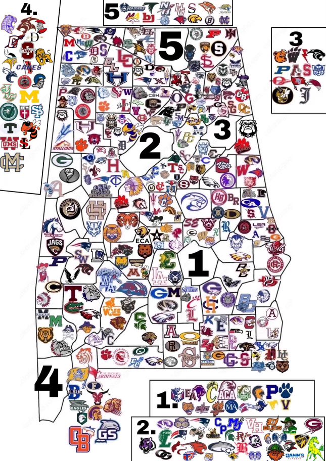 ThinkingBourbon's tweet photo. @ThomasS30586746 @HallTechSports1 No sir. Wellborn would traditionally be a “blocky” ‘W,’ or a Panther.

Someone else posted an updated version and it has a lot more schools. Unsure of source or original Tweet. https://t.co/jvaoA4c7Rw