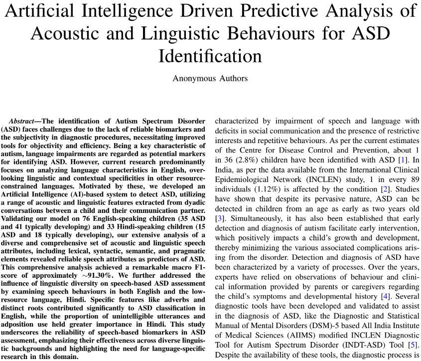 hmi_iiitd's tweet image. 🎤Our paper "#AI Driven #PredictiveAnalysis of #Acoustic and #Linguistic Behaviours for #ASD #Identification," has been #accepted in #IEEE #Transactions on #ArtificialIntelligence!🔥Kudos to @AshwiniTheertha #Deeptanshu @GulatiSheffali @ProfJainendra👏 #AI #Autism @aiims_newdelhi
