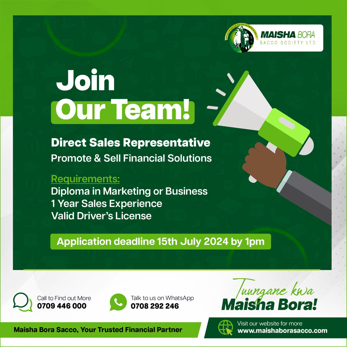 maishabora_ke's tweet image. 🚀 Join Maisha Bora SACCO as a Direct Sales Representative! 🚀

Are you driven and results-oriented? Apply now to promote and sell our financial products! 

For more information visit our website at  shorturl.at/Z1Ge9

#MaishaBoraSacco 
#ikokazi 
#salesrep