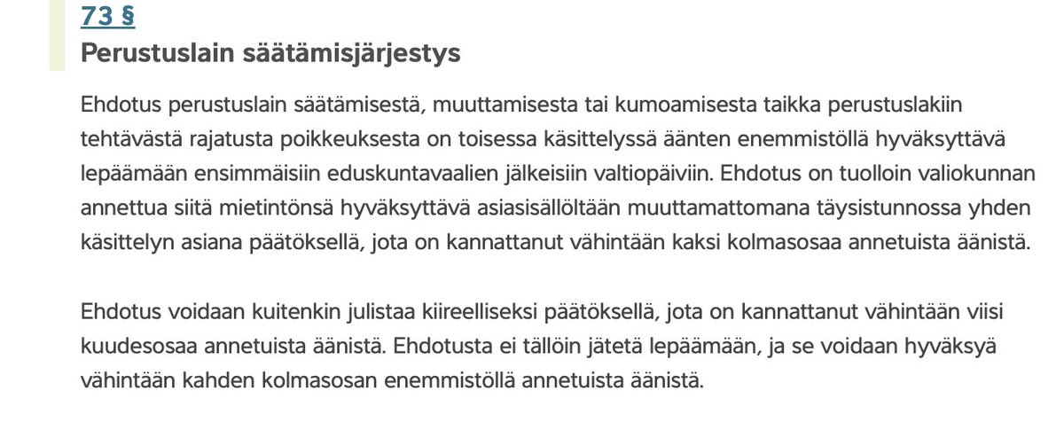 MartinScheininF's tweet photo. 4/Kanta on absurdi. PL 22 § jos mikään on perustuslain perusratkaisu, josta eduskunnalla ei ole PL 73 §:n nojalla valtaa määräenemmistöllä säätää rajattua poikkeusta. Perustuslakivaliokunta ei (toivottavasti anomaliaksi jäävässä) lausunnossaan 26/2024 sentään sanonut, että olisi https://t.co/YJ964gAmQ3