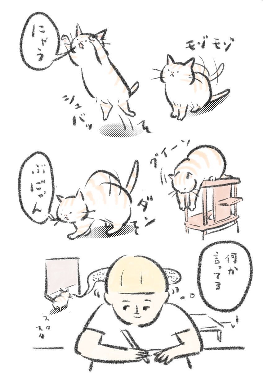 猫のジャンプする時や着地した時に漏れ出す声が好き。なにかごにゃごにゃ言いながらどこかに消えていく時の声もいい 