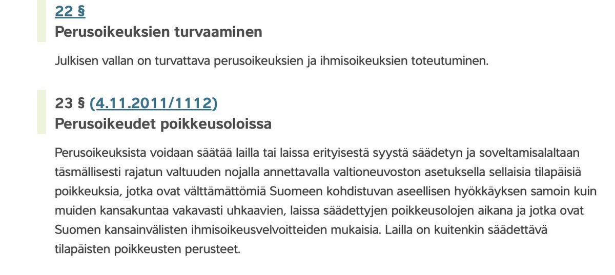 MartinScheininF's tweet photo. 5/@HVestman ja @OjalaNiemela viittaukset esitöihin ja asiantuntijalausuntoihin ovat sepitettä. Tässä ovat vasemmalla nykyiset PL 22 ja 23.1 § ja oikealla se mitä niiden esitöissä (HE 309/1993 vp; HM 16 a §:n yksityiskohtaiset perustelut) sanottiin niiden tarkoituksesta https://t.co/ISZVbzJnIA