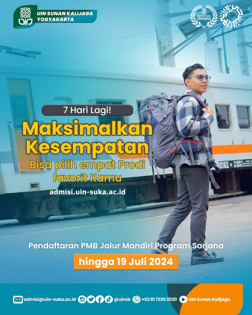 UINSK's tweet photo. Maksimalkan kesempatan kamu di PMB Jalur Mandiri UIN Sunan Kalijaga Yogyakarta utk memilih 4 prodi andalan kamu. 
Urutan pilihan menentukan prioritasmu🤗
Pastikan Prodi yg kamu pilih sdh sesuai dg minat n mimpimu yagesya🤩
Pendaftaran DITUTUP tgl 19 Juli 2024 #uinsk #uinsuka https://t.co/jTCpx58Zsp