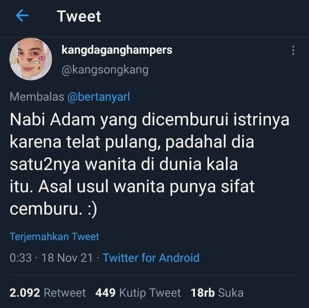 ptrckstrsss's tweet photo. KUMPULAN KISAH-KISAH NABI YANG JARANG DIKETAHUI BANYAK ORANG ✨

— TERNYATA SIFAT ASLI WANITA SUDAH TERBENTUK DARI JAMAN NABI ADAM DAN HAWA😭! https://t.co/6szowwgbOA