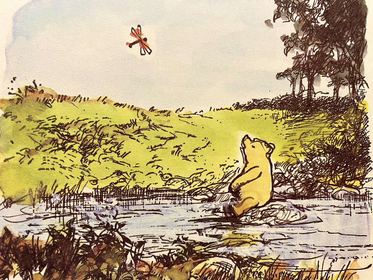 A_AMilne's tweet photo. Pooh sat down in the middle of the stream. The sun was so delightfully warm, and the stone, which had been sitting in it for a long time, was so-warm, too, that Pooh decided to go on being Pooh in the middle of the stream for the rest of the morning. ~A.A.Milne #fridayfeeling https://t.co/k0MQtJcltO
