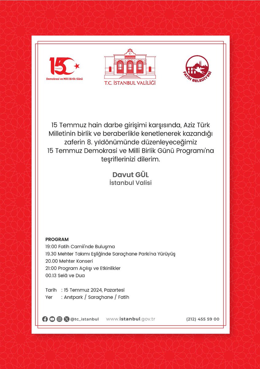 #15Temmuz Demokrasi ve Millî Birlik Günü’müzün 8. yıl dönümü, #İstanbul’da Valiliğimizin düzenleyeceği programlarla coşku ile kutlanacak. 🇹🇷

<a href="/gul_davut/">Davut GÜL</a>

#MilletinZaferi