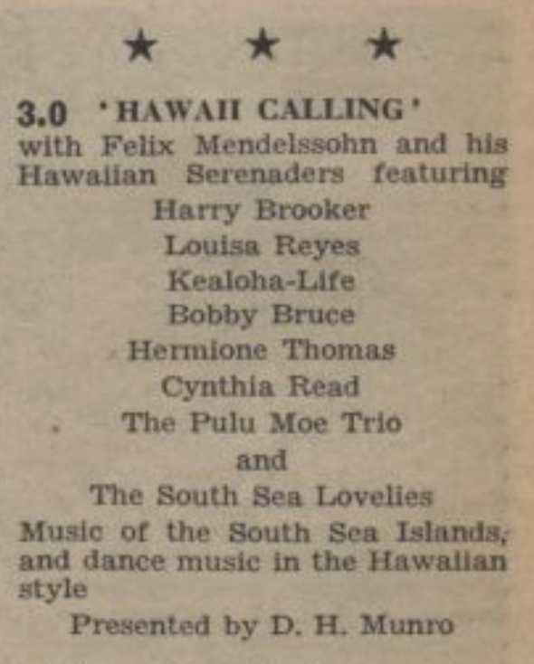 APTSArchive's tweet photo. #OTD "Hawaii Calling" - Music of the South Sea Islands, & dance music in the Hawaiian style.
Felix Mendelssohn & his Hawaiian Serenaders.
Featuring; #FelixMendelssohn, #LouisaReys, #KealohaLife, #BobbyBruce, #CynthiaRead, #ThePuluMoeTrio & #SouthSeaLovlies
Produced by #DHMunro https://t.co/AG6dmX8ekG