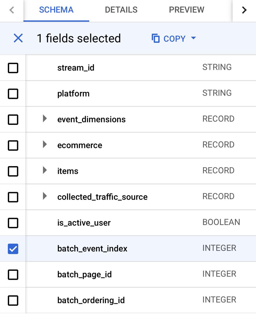 SimoAhava's tweet image. New “batch_event_index” appeared in yesterday’s GA4 export to BigQuery. The schema has updated the placement of the other two batch fields, too. 

Looks like we might finally be able to determine the sequence of events within a batch!

#googleanalytics4 #googlebigquery
