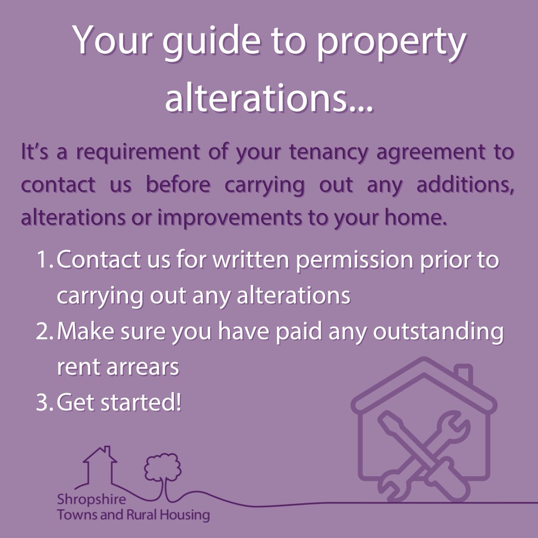 We don’t want to stand in the way of making your house a home, we just ask that you contact us before carrying out alterations.

If you have written permission and have paid any rent arrears then get started! 

starhousing.org.uk/apply-for-it/p…