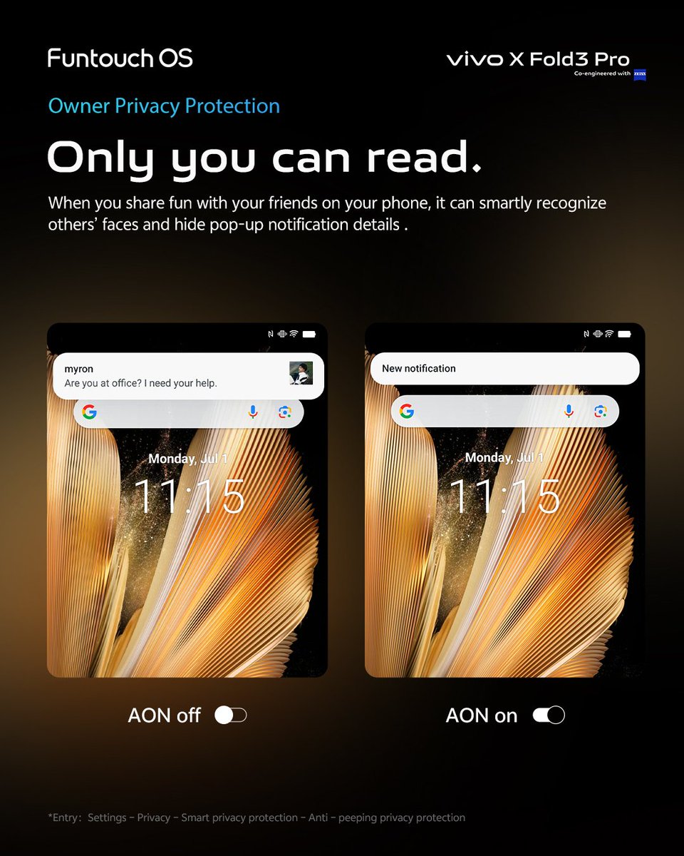 Are you concerned about untimely notifications? Detailed messages are sent only after facial identification and keep messages for your eyes only!#vivoxfold3pro #technology #FuntouchOS #vivo【🎁Follow, repost, and win! 1 theme code up for grab!】