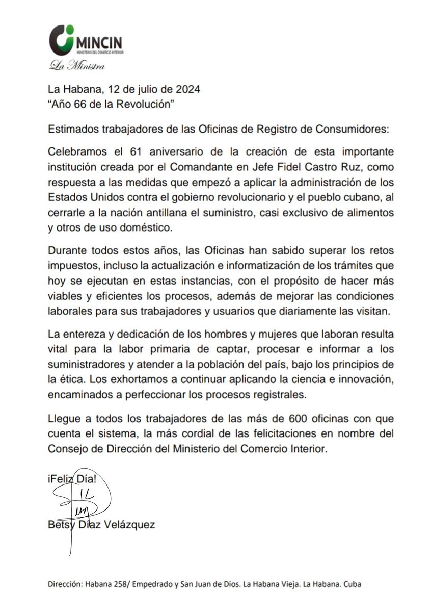 🥳|Carta de felicitación de la titular del sector <a href="/BetsyDazVelzqu2/">Betsy Díaz Velázquez</a> a los trabajadores de las Oficinas de Registro de Consumidores, con motivo de celebrarse el 6️⃣1️⃣ aniversario de creadas por #FidelPorSiempre estas instituciones.

#ORC61 #ComercioDelPueblo #RendiciónDeCuentaMINCIN