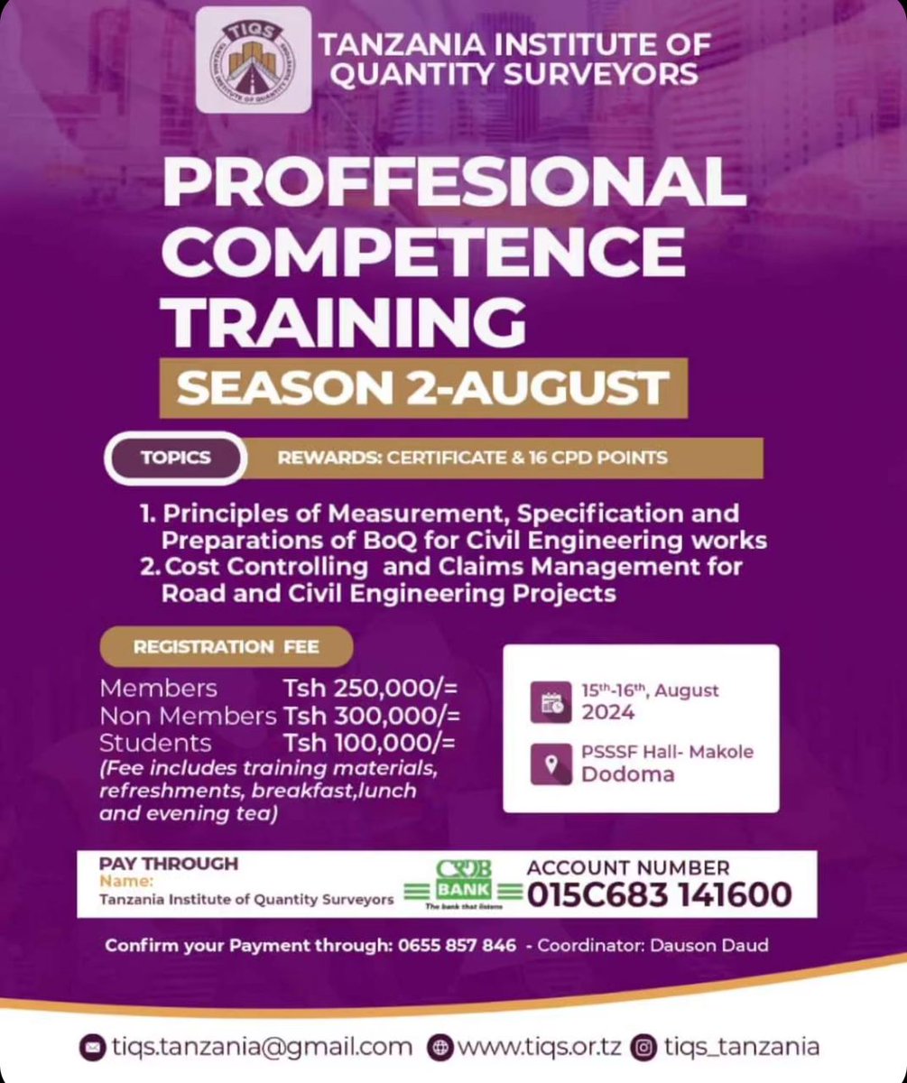 Join us for Tanzania Institute of Quantity Surveyors Professional Competence training on 15-16 August 2024