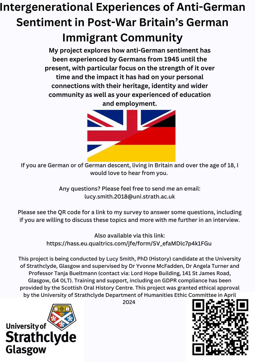 Lucy Smith (@lucymsmith22) on Twitter photo 💡 CALL FOR PARTICIPANTS 💡
It’s time for me to start looking for participants for my PhD research! All details on the poster, feel free to fire me an email if you have any questions 😊
<a href="/ScotOralHist/">Scottish Oral History Centre</a> <a href="/StrathHaSS/">Strathclyde Humanities & Social Sciences</a> <a href="/OralHistorySoc/">Oral History Society</a>
hass.eu.qualtrics.com/jfe/form/SV_ef… 💡 CALL FOR PARTICIPANTS 💡
It’s time for me to start looking for participants for my PhD research! All details on the poster, feel free to fire me an email if you have any questions 😊
<a href="/ScotOralHist/">Scottish Oral History Centre</a> <a href="/StrathHaSS/">Strathclyde Humanities & Social Sciences</a> <a href="/OralHistorySoc/">Oral History Society</a>
hass.eu.qualtrics.com/jfe/form/SV_ef…
