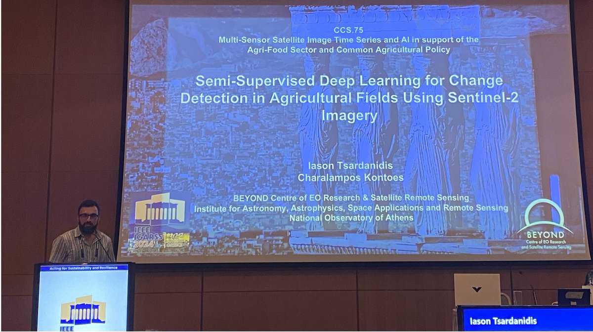 Climaca2024's tweet photo. Change detection in agricultural fields using EO &amp; DL is a key research activity within the Climaca . Iasonas Tsardanidis, presented at IGARSS 2024 the research paper "Semi-Supervised Deep Learning for Change Detection in Agricultural Fields Using Sentinel-2 Imagery." https://t.co/udQr9DN9aK