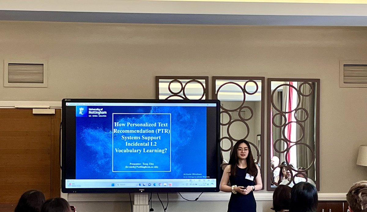 damiashaffee's tweet photo. Tong Zhu all smiling while presenting her research on the topic “How personalized text recommendation systems support incidental L2 vocabulary learning” here at #BAALVocab24 

@baalvocabsig @CLER_Leeds @ElinaStylianou @YenDang101 https://t.co/ZhkU7tmDjc