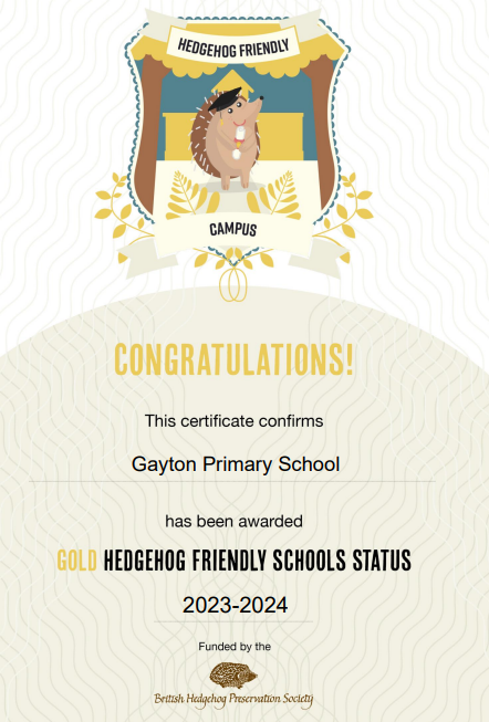 GaytonPrimary's tweet photo. We are delighted to annouce that we have been awarded the Gold Hedgehog Friendly Status. Huge thanks to Mrs Hulley, Mrs Wright and our @Y2Gayton &amp; @Y5Gayton for leading on this project throughout the school. @HogFriendly #HFCGold @hedgehogsociety https://t.co/rAQpO2oM8p