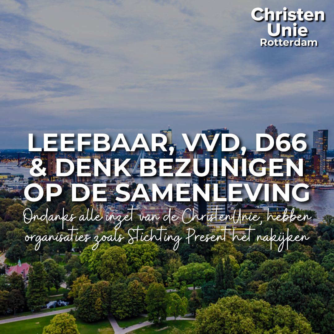 Ondanks alle inzet van de ChristenUnie, hebben organisaties zoals Stichting Present het nakijken. De coalitie heeft gisteren de bezuinigingen op de Rotterdamse samenleving doorgedrukt. Maar onze strijd gaat door: wij geloven namelijk in de kracht van de Rotterdamse samenleving!💙