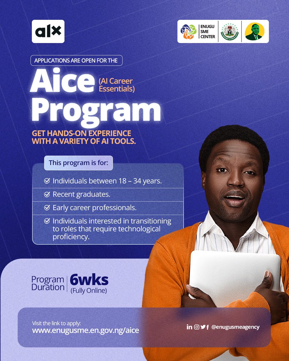 enugusmeagency's tweet photo. Applications are open for the AI Career Essentials (AiCE) Program by ALX &amp; Enugu SME Center. Boost your AI skills! 

Apply now: https://t.co/oQl1Yv0yDW

 #ESMECommunity #AiTraining https://t.co/1401LFlzBu