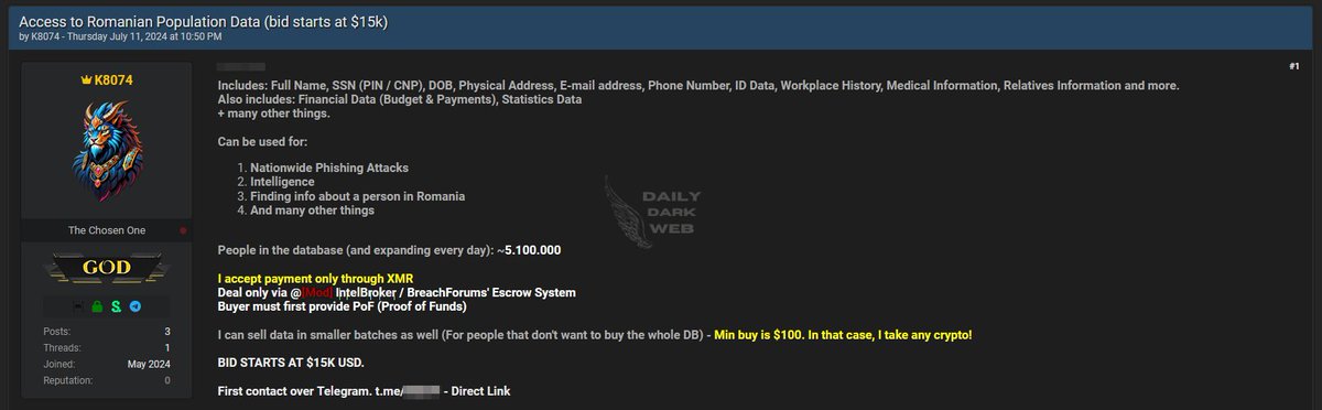 DailyDarkWeb's tweet image. #Romania 🇷🇴 - 5 Million Romanians&apos; Data is Allegedly Leaked.

The alleged leak includes names, addresses, medical information, financial information, and more. 

The threat actor also indicates that the number is rising.

dailydarkweb.net/5-million-roma…

#personaldata #darkweb #dataleak
