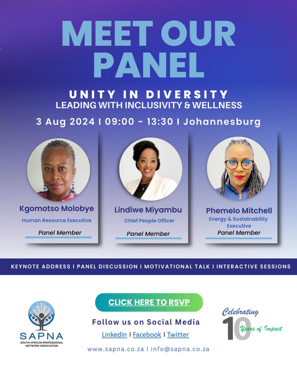 Excited to introduce our panel for Unity in Diversity: Leading with Inclusivity &amp; Wellness:

Join industry leaders as we explore how fostering inclusive cultures drives organizational success and empowers diverse voices.

RSVP now!
lnkd.in/duyrUh2j