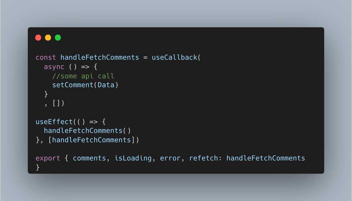 rkscodes's tweet photo. Hello React devs, 

I was watching a video, where he said it's good idea to use handleFetchComments in useEffect dependency why so ? 
what will happen if I use [ ]

#React https://t.co/GaUql6dwPn