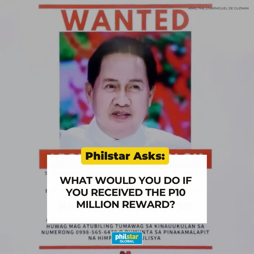 PhilstarNews's tweet photo. With a P10 million reward being offered for information leading to Apollo Quiboloy’s arrest, #PhilstarAsks: What would you do if you received the P10 million reward?

Related: https://t.co/egTWUZNqqJ https://t.co/RDxQA7aBcw