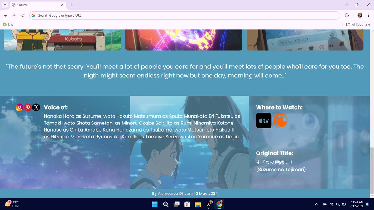 AshhScript's tweet photo. Hey!✨Just finished a static movie description page of a popular anime movie Suzume. 
Tech Stack: HTML &amp; CSS
Take a look👀: https://t.co/oJuk2D08iw
Repo link: https://t.co/se0qZmy99b
#WebDev #Frontend #HTML #CSS #JavaScript #animelovers  #TechTwitter #webdeveloper #animewebsite https://t.co/eyaRM7t1dR