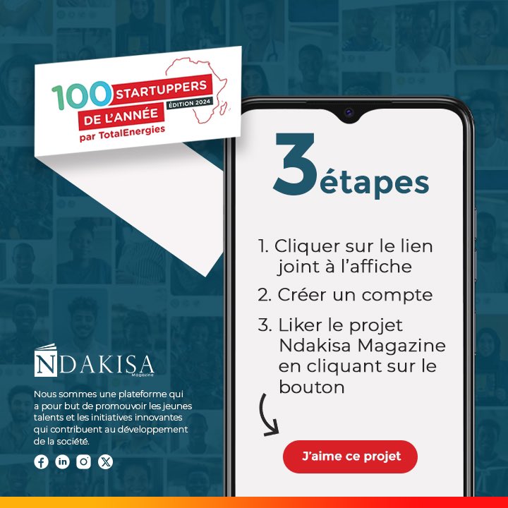 NDAKISA MAGAZINE (@ndakisamagazine) on Twitter photo Nous participons au Challenge Startupper de l’année organisé par <a href="/TotalEnergies/">TotalEnergies</a>.
Pour nous aider à faire partie des 100 premiers, veuillez voter en suivant les étapes détaillées sur l’affiche.
Lien 🔗 startupper.totalenergies.com/fr/juries/xQ-Q… Nous participons au Challenge Startupper de l’année organisé par <a href="/TotalEnergies/">TotalEnergies</a>.
Pour nous aider à faire partie des 100 premiers, veuillez voter en suivant les étapes détaillées sur l’affiche.
Lien 🔗 startupper.totalenergies.com/fr/juries/xQ-Q…