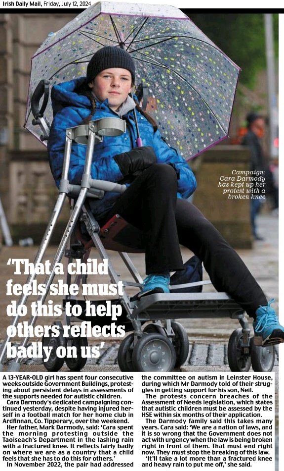caulmick's tweet photo. Cara Darmody, a 13-year-old girl has spent four consecutive weeks outside Government Buildings, protesting about persistent delays in assessments of the supports needed for autistic children.
#IrelandisBroken #Children #Autism https://t.co/BKkLYLOV3Q