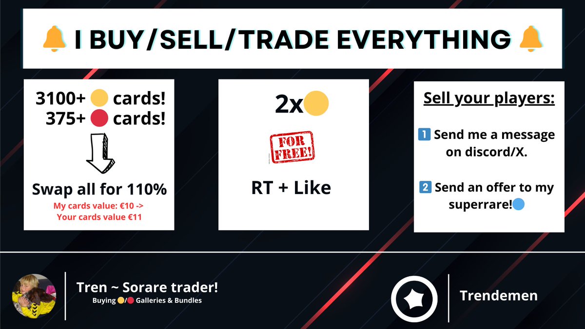 💥𝗜 𝗯𝘂𝘆/𝘀𝗲𝗹𝗹/𝘁𝗿𝗮𝗱𝗲 𝗲𝘃𝗲𝗿𝘆𝘁𝗵𝗶𝗻𝗴!💥

Due to the big news from Sorare, I am giving away 2x🟡to 2 people who like and retweet!❤️

To sell your players send me a message or send an offer to my SR!🔵
Interested -> send me a message!🔥

#giveaway #sorare #freecard